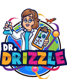 Dr. Drizzle logo female teaching expert in lab coat holding experiment and clipboard cartoon logo